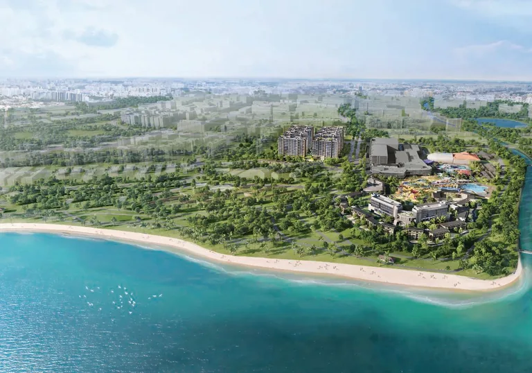 Coastal Cabana, artist&rsquo;s impression: an aerial view of the seafront at Pasir Ris, with the development among the trees behind the beach and Pasir Ris Park along the shore