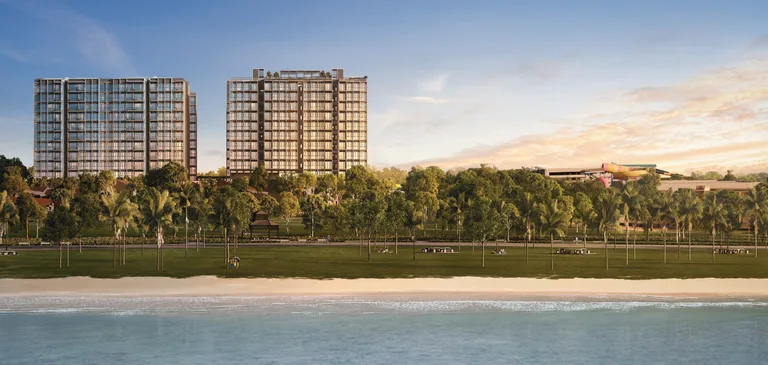 Coastal Cabana, artist&rsquo;s impression: two of the residential blocks rising behind the palms and trees of the seafront park, with the beach and the sea in the foreground