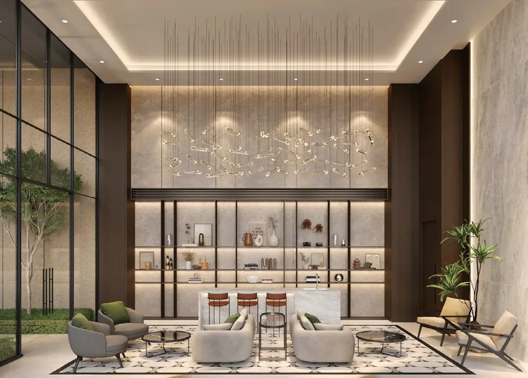 Coastal Cabana, artist&rsquo;s impression: the Boulevard Lounge, a double-height lounge with sofas, a display wall and glass walls to the garden