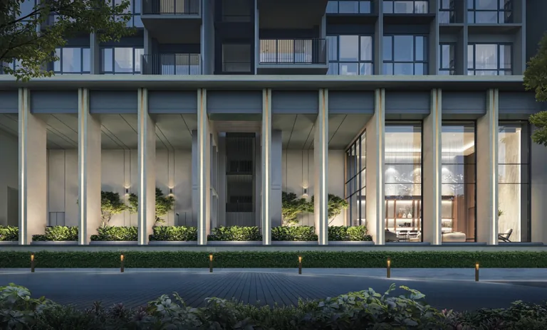 Coastal Cabana, artist&rsquo;s impression: the Canopy Lounge, a colonnade of slender columns at the base of a block, lit at dusk
