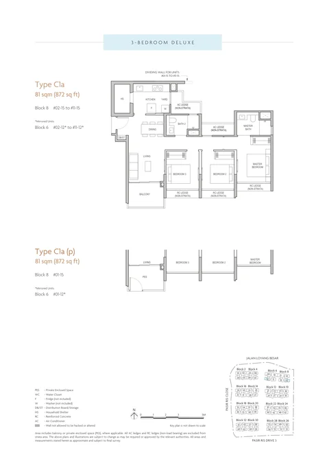Coastal Cabana floor plan, Type C1a (3-Bedroom Deluxe): 3 bedrooms, 81 sq m (872 sq ft), 22 homes, Block 6 stack 12 and Block 8 stack 15, 1st to 11th storey (developer drawing with key plan)