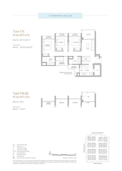Coastal Cabana floor plan, Type C1b (3-Bedroom Deluxe): 3 bedrooms, 81 sq m (872 sq ft), 24 homes, Block 10 stack 17 and Block 12 stack 22, 1st to 12th storey (developer drawing with key plan)