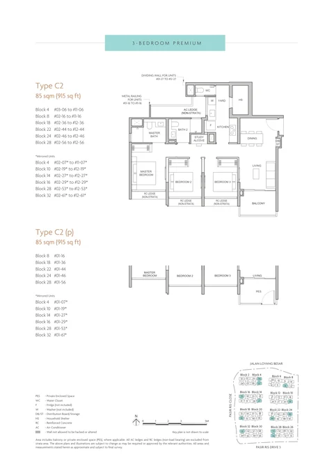 Coastal Cabana floor plan, Type C2 (3-Bedroom Premium): 3 bedrooms, 85 sq m (915 sq ft), 139 homes, 12 stacks in Blocks 4, 8, 10, 14, 16, 18, 22, 24, 28 and 32 (developer drawing with key plan)