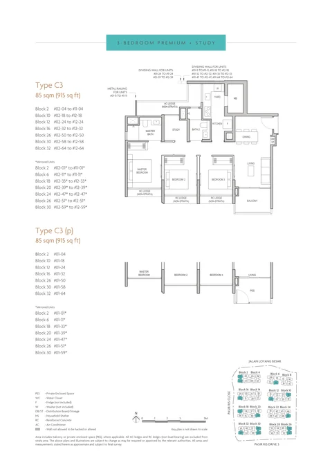 Coastal Cabana floor plan, Type C3 (3-Bedroom Premium + Study): 3 bedrooms + study, 85 sq m (915 sq ft), 165 homes, 14 stacks in Blocks 2, 6, 10, 12, 16, 18, 20, 24, 26, 30 and 32 (developer drawing with key plan)