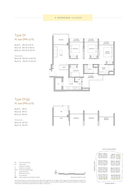Coastal Cabana floor plan, Type D1 (4-Bedroom Classic): 4 bedrooms, 92 sq m (990 sq ft), 59 homes, Block 8 stack 14; Block 26 stack 52; Block 28 stack 55; Block 30 stack 60; Block 32 stack 63 (developer drawing with key plan)