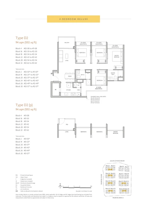 Coastal Cabana floor plan, Type D2 (4-Bedroom Deluxe): 4 bedrooms, 94 sq m (1,012 sq ft), 142 homes, 12 stacks in Blocks 2, 4, 14, 16, 18, 20, 22, 24, 26, 28, 30 and 32 (developer drawing with key plan)