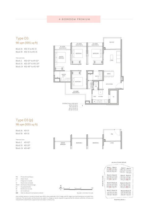 Coastal Cabana floor plan, Type D3 (4-Bedroom Premium): 4 bedrooms, 98 sq m (1,055 sq ft), 59 homes, Block 2 stack 02; Block 10 stack 20; Block 16 stack 31; Block 18 stack 35; Block 24 stack 48 (developer drawing with key plan)