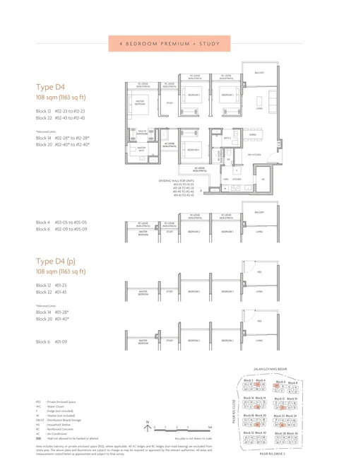 Coastal Cabana floor plan, Type D4 (4-Bedroom Premium + Study): 4 bedrooms + study, 108 sq m (1,163 sq ft), 56 homes, Blocks 12, 14, 20 and 22 (stacks 23, 28, 40, 43); Block 4 #03-05 to #05-05; Block 6 #01-09 to #05-09 (developer drawing with key plan)
