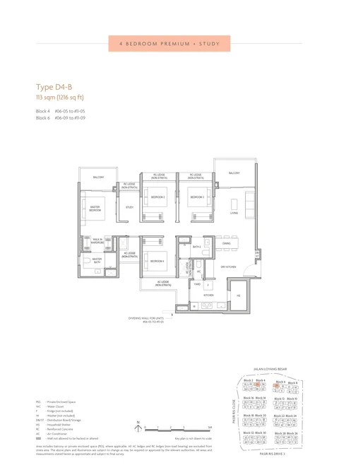 Coastal Cabana floor plan, Type D4-B (4-Bedroom Premium + Study): 4 bedrooms + study, 113 sq m (1,216 sq ft), 12 homes, Block 4 #06-05 to #11-05; Block 6 #06-09 to #11-09 (developer drawing with key plan)