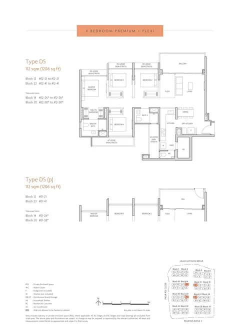 Coastal Cabana floor plan, Type D5 (4-Bedroom Premium + Flexi): 4 bedrooms + flexi, 112 sq m (1,206 sq ft), 48 homes, Blocks 12, 14, 20 and 22 (stacks 21, 26, 38, 41), 1st to 12th storey (developer drawing with key plan)
