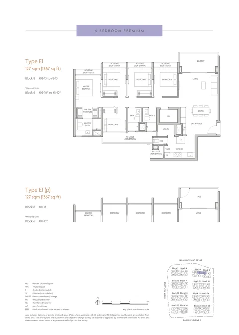 Coastal Cabana floor plan, Type E1 (5-Bedroom Premium): 5 bedrooms, 127 sq m (1,367 sq ft), 10 homes, Block 6 #01-10 to #05-10; Block 8 #01-13 to #05-13 (developer drawing with key plan)