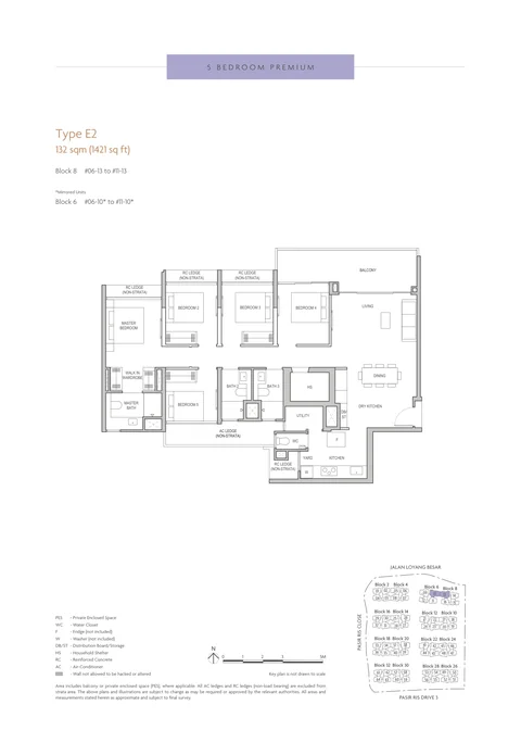 Coastal Cabana floor plan, Type E2 (5-Bedroom Premium): 5 bedrooms, 132 sq m (1,421 sq ft), 12 homes, Block 6 #06-10 to #11-10; Block 8 #06-13 to #11-13 (developer drawing with key plan)