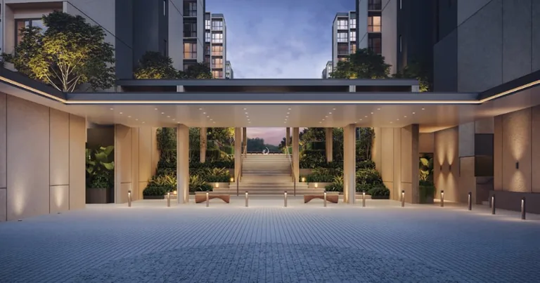 Coastal Cabana, artist&rsquo;s impression: the Grand Boulevard Lobby, a tall open-sided arrival hall framing the garden walk ahead