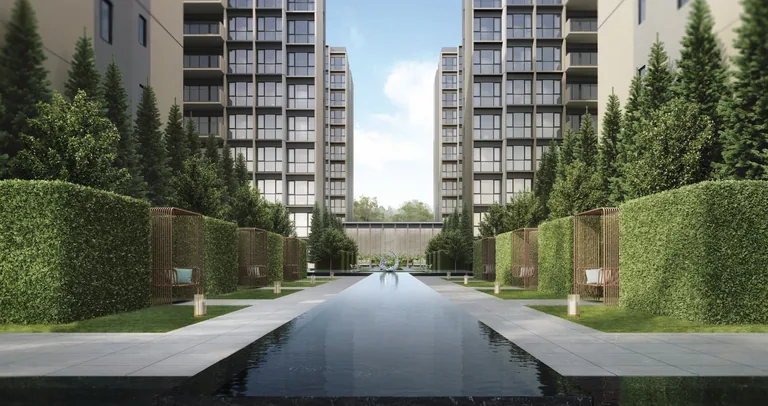 Coastal Cabana, artist&rsquo;s impression: the Grand Boulevard, a long reflecting water channel between clipped hedges and tall trees, with the blocks on either side