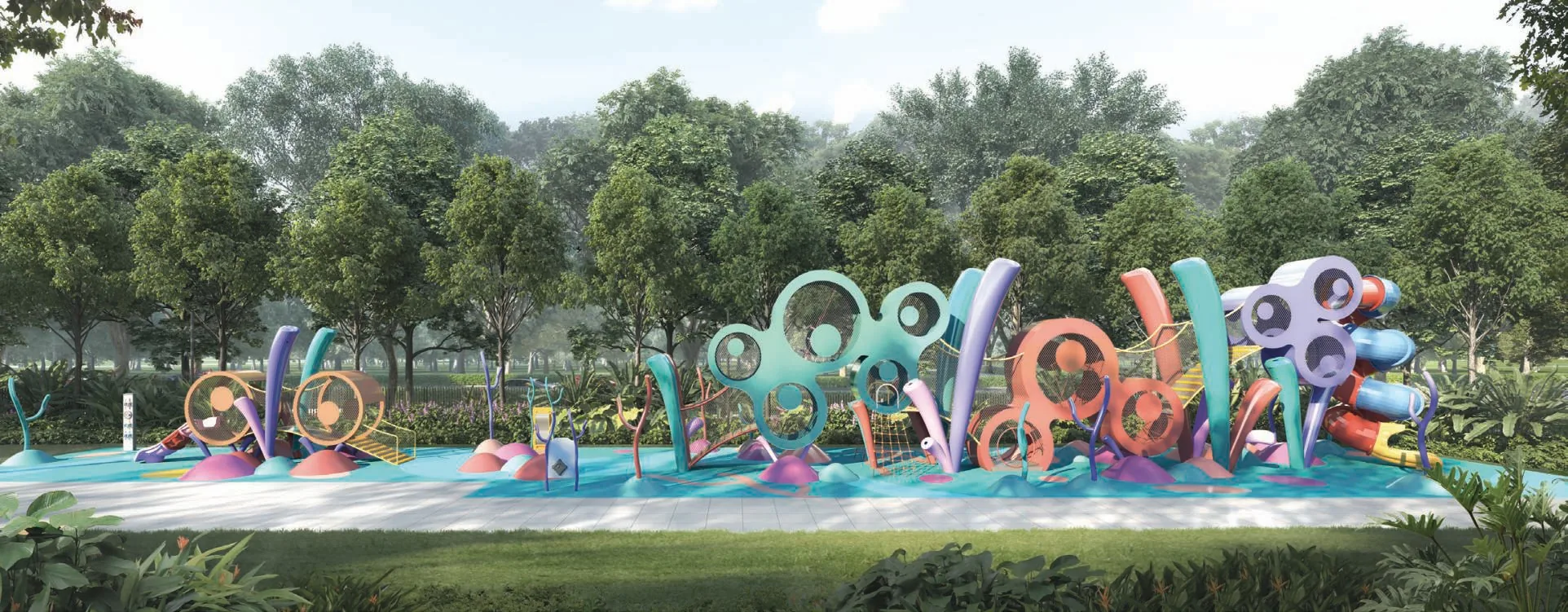 Coastal Cabana, artist&rsquo;s impression: the Kids Adventure Park, a colourful sculpted playground set among trees