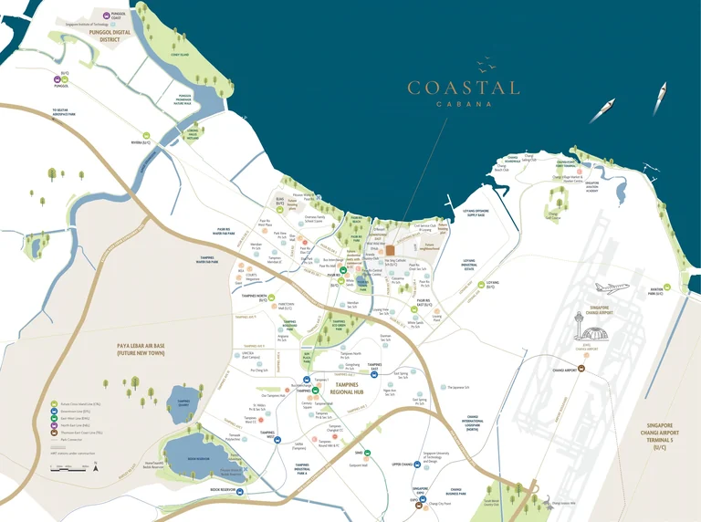 Coastal Cabana location map (developer drawing): the development on the Pasir Ris seafront beside Downtown East, with the MRT lines, the future Cross Island Line, schools, parks, Tampines and Changi Airport