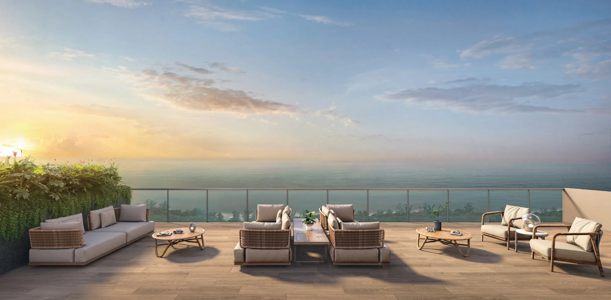 Coastal Cabana, artist&rsquo;s impression: the Portside Deck on The Upper Deck roof terrace, with sofas along a glass balustrade looking over the sea at dusk