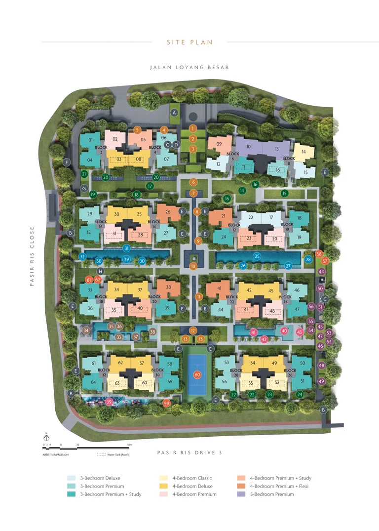 Coastal Cabana site plan (developer drawing): the sixteen blocks between Jalan Loyang Besar, Pasir Ris Close and Pasir Ris Drive 3, with the Grand Boulevard down the middle, the pools, the clubhouse, the tennis court and the homes coloured by type