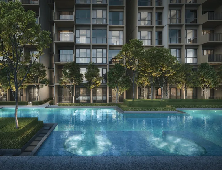 Coastal Cabana, artist&rsquo;s impression: the Spa Pod in the Wellness Sanctuary, a pool with sunken spa seats lit at dusk below the blocks