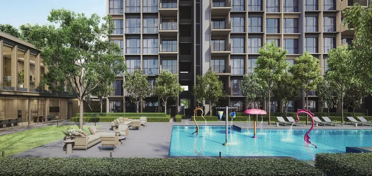 Coastal Cabana, artist&rsquo;s impression: the Splash Pool in the Family Cove, a shallow pool with water play sprays beside loungers and the blocks
