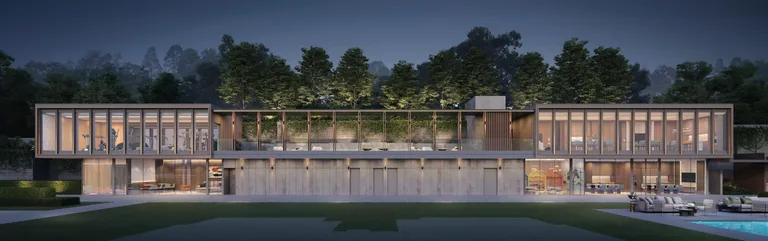 Coastal Cabana, artist&rsquo;s impression: The Coastal Club, the double-storey clubhouse with glass walls lit in the evening, beside the pool and the trees