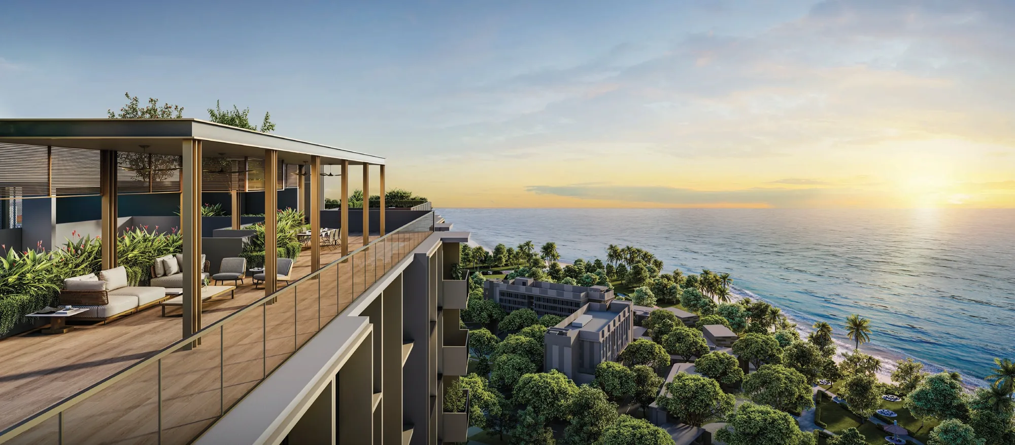 Coastal Cabana, artist&rsquo;s impression: The Upper Deck, the roof terrace, with a timber pergola and lounge seats looking out over the treetops to the sea at sunrise